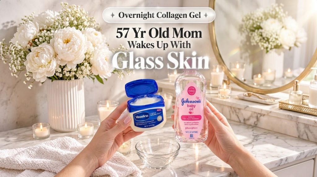 Two hands holding an open jar of Vaseline Healing Jelly and a bottle of Johnson s baby oil over a glass mixing bowl with