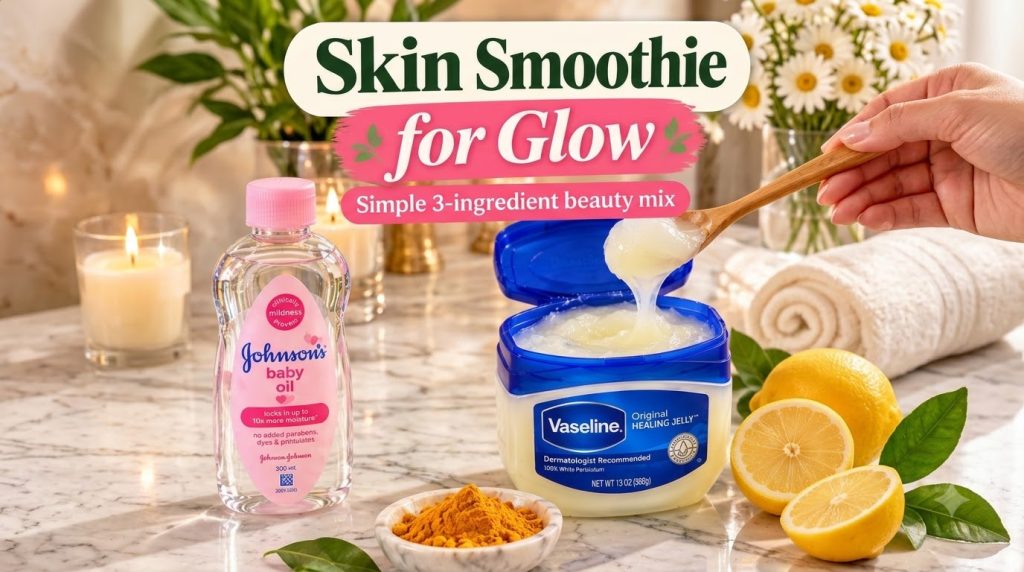 A clean and bright setup on a marble surface showing Johnson s Baby Oil Vaseline Original Healing Jelly and turmeric pow