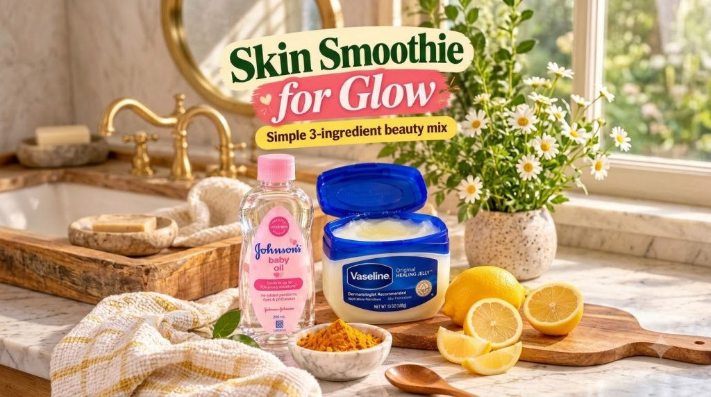 A close-up of the Skin Smoothie for Glow beauty mix ingredients including Johnson s baby oil Vaseline Original Healing J