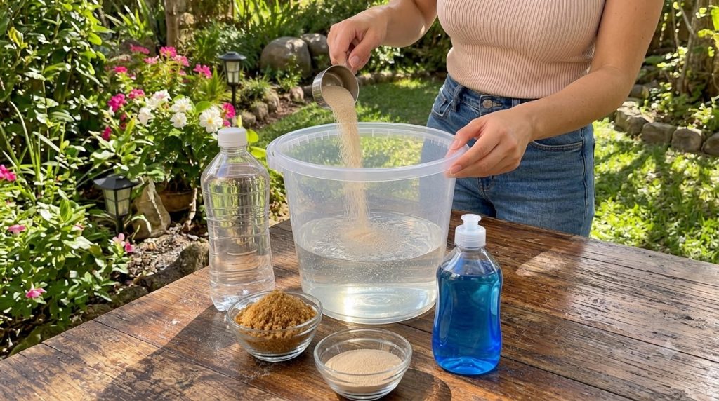 A person s hands pouring dry yeast from a measuring cup into a large plastic bucket filled with water on a rustic wooden