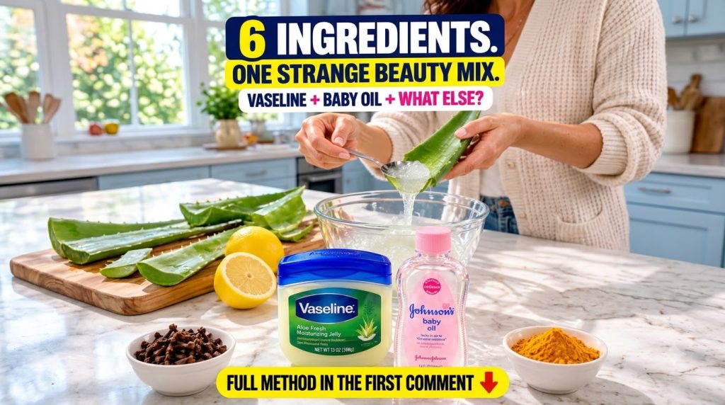A close-up of hands spooning aloe vera gel from a fresh leaf into a glass bowl surrounded by Vaseline baby oil sliced le