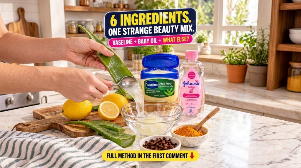 Hands mixing aloe vera gel with lemon Vaseline baby oil turmeric and cloves in a glass bowl on a marble counter