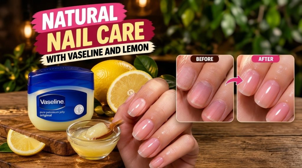A close-up of a hand with glossy nails next to a jar of Vaseline fresh lemons and a glass bowl containing a mixture of V