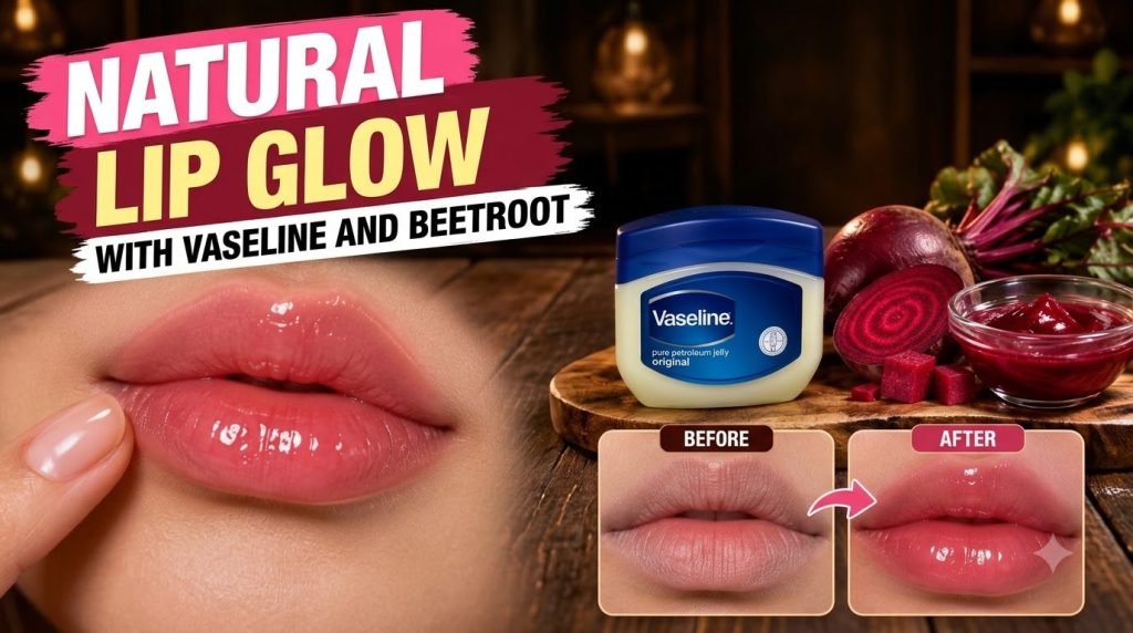 A promotional collage showing a jar of Vaseline beetroot and before-and-after images of lips with a natural pink tint