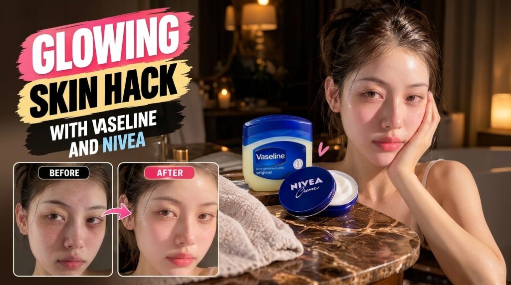 A woman with radiant dewy skin holding Vaseline Petroleum Jelly and Nivea Creme with a Before and After comparison of he