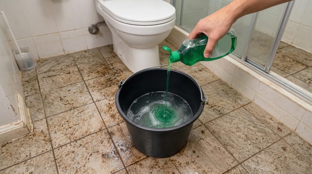 A hand pouring green cleaning liquid into a black bucket with a dirty toilet and tiled floor in the background
