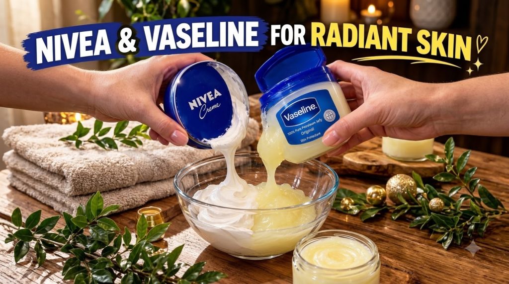 Hands pouring Nivea Creme and Vaseline into a clear glass bowl for a DIY beauty mix