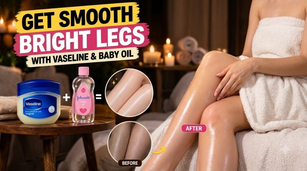 A visual guide demonstrating the transformation of legs from dry to smooth and bright achieved by combining Vaseline and
