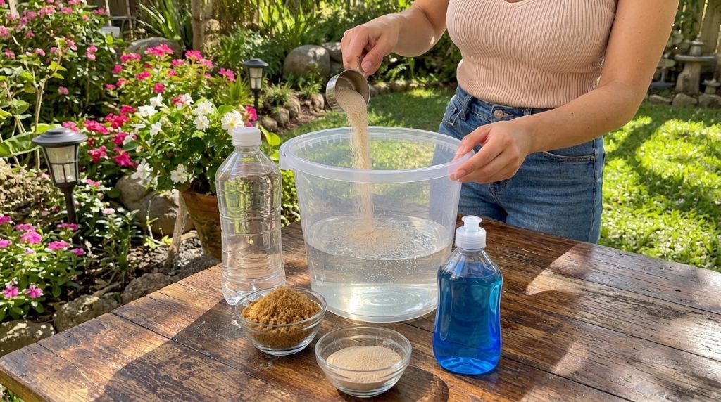 Hands pouring granular yeast from a measuring cup into a large clear bucket of water with brown sugar more yeast and a b