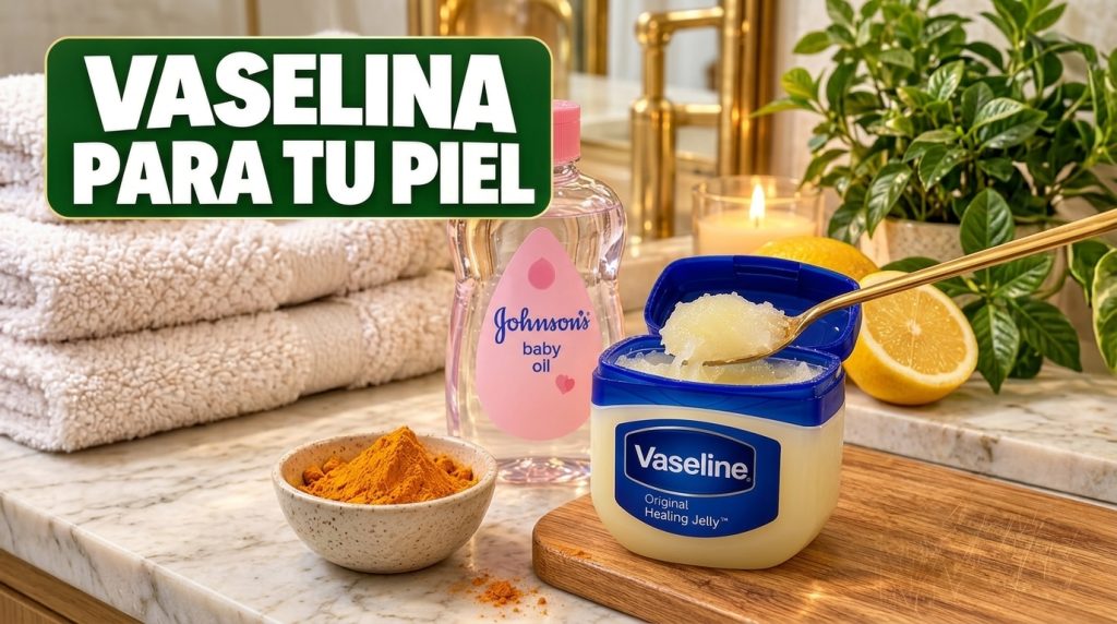 A serene spa-like arrangement of skincare ingredients including an open jar of Vaseline with a golden spoon a bottle of 
