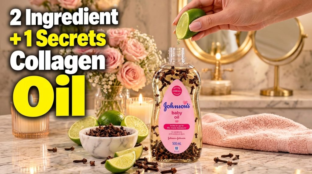 A bottle of Johnson s baby oil infused with cloves with a hand squeezing lime juice into it Fresh limes a bowl of cloves