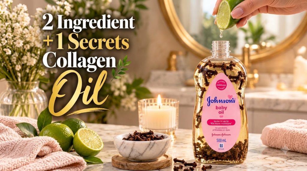 A Johnson s baby oil bottle filled with cloves with a hand squeezing lime juice into it Limes a bowl of cloves pink towe