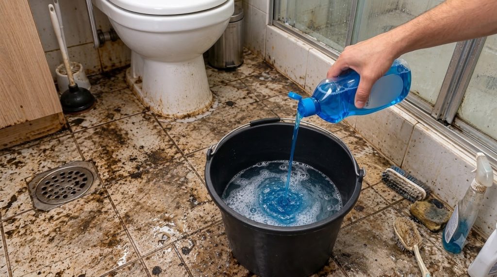A hand pouring blue cleaning liquid from a bottle into a black bucket filled with water and some suds The background sho