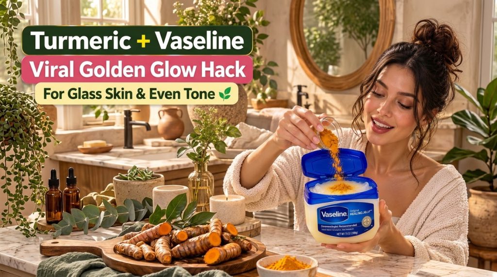 A smiling woman pouring turmeric powder into a large tub of Vaseline Original Healing Jelly in a warm bathroom setting