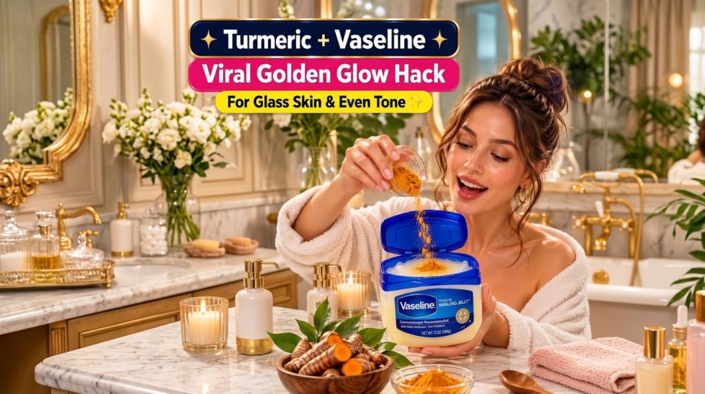 A smiling woman in a robe pouring turmeric powder into a large tub of Vaseline Healing Jelly on a marble countertop Turm