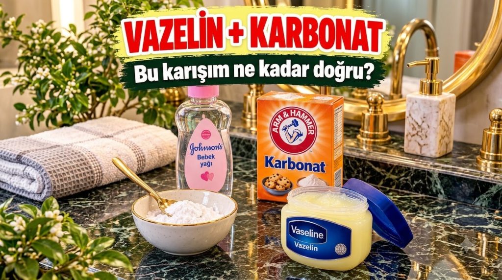 A flat lay of common household and skincare items including a jar of Vaseline a box of baking soda and a bottle of baby 