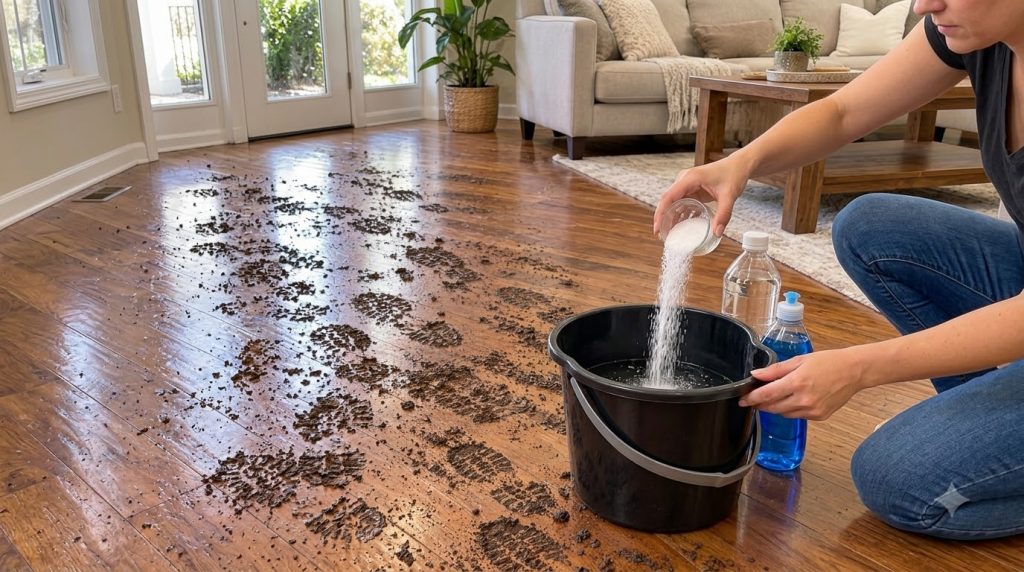 Una persona vertiendo una sustancia granular blanca sal en un balde negro con agua sobre un piso de madera lleno de huel
