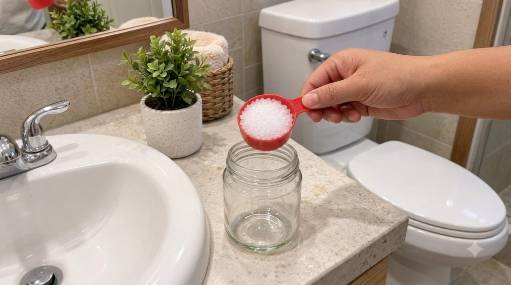 A hand holding a red measuring scoop filled with small white beads positioned directly over an empty glass jar in a bath