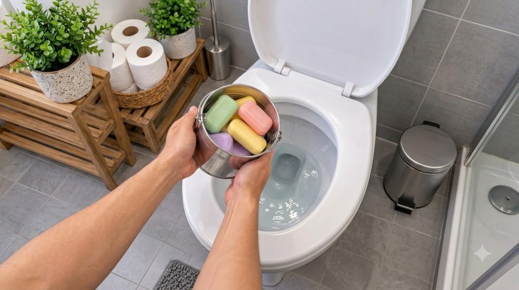 Hands holding a small metal bucket filled with pastel-colored soap bars over a toilet bowl emphasizing the interaction