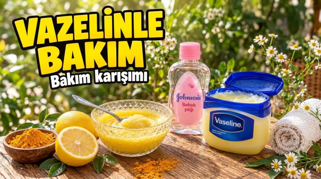Ingredients for a DIY beauty mixture Vaseline Johnson s baby oil fresh lemons turmeric powder and a prepared yellow mixt