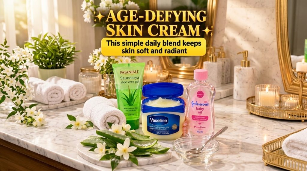 A flat lay of Patanjali aloe vera gel Vaseline Petroleum Jelly and Johnson s baby oil on a marble surface with decorativ