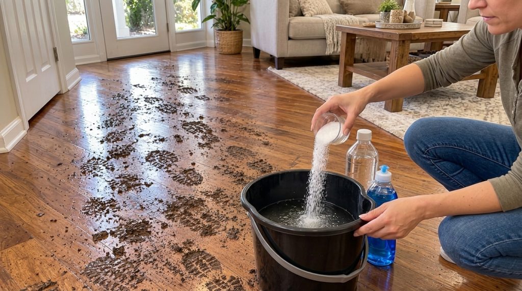 A pair of hands pouring white granular substance salt from a glass into a black bucket filled with water Beside the buck