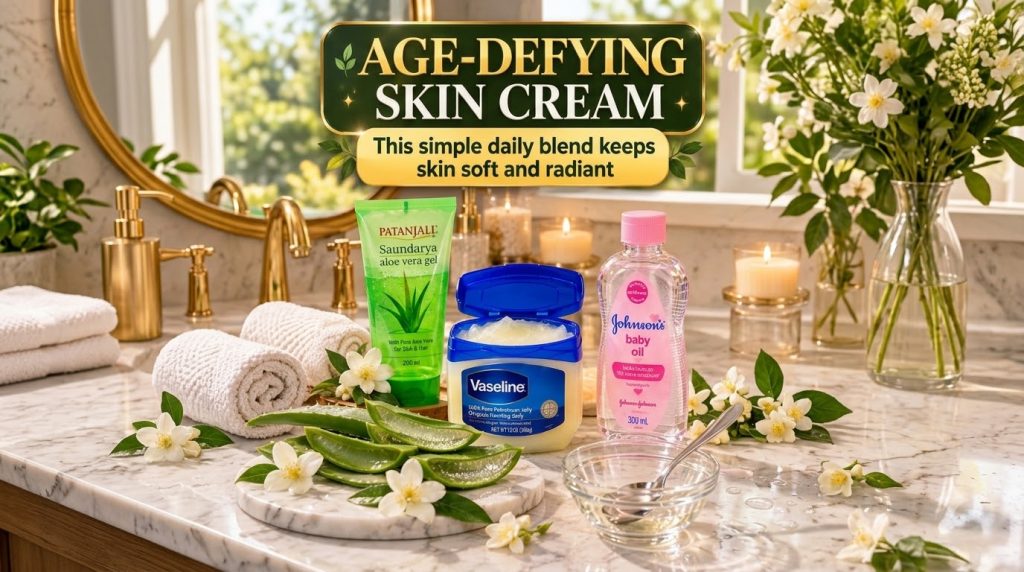 A collection of natural skincare ingredients including aloe vera gel petroleum jelly and baby oil along with fresh aloe 