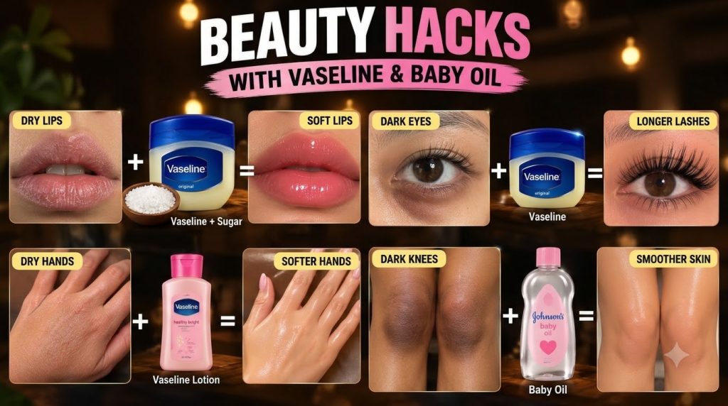 An infographic showing before and after results of using Vaseline and Baby Oil on lips eyes hands and knees