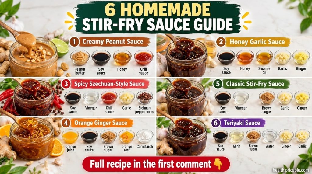 A glass jar of classic stir-fry sauce with a spoon dipping in surrounded by fresh ginger garlic and soy sauce bottles on