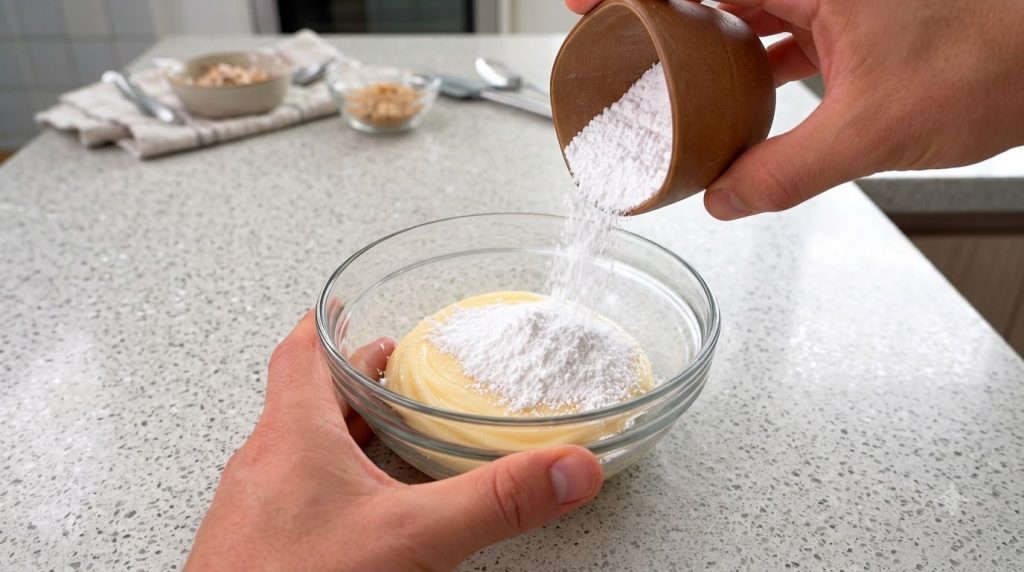 A close-up overhead shot of a glass bowl containing a creamy yellow dessert base with powdered sugar being poured from a
