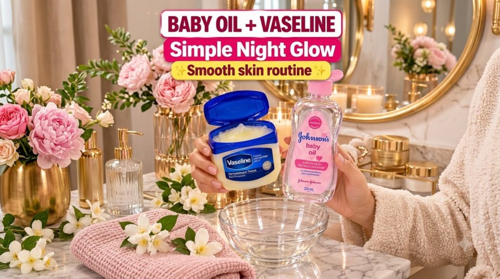 Hands holding an open jar of Vaseline and a bottle of baby oil over a glass bowl on a marble counter with soft pink rose