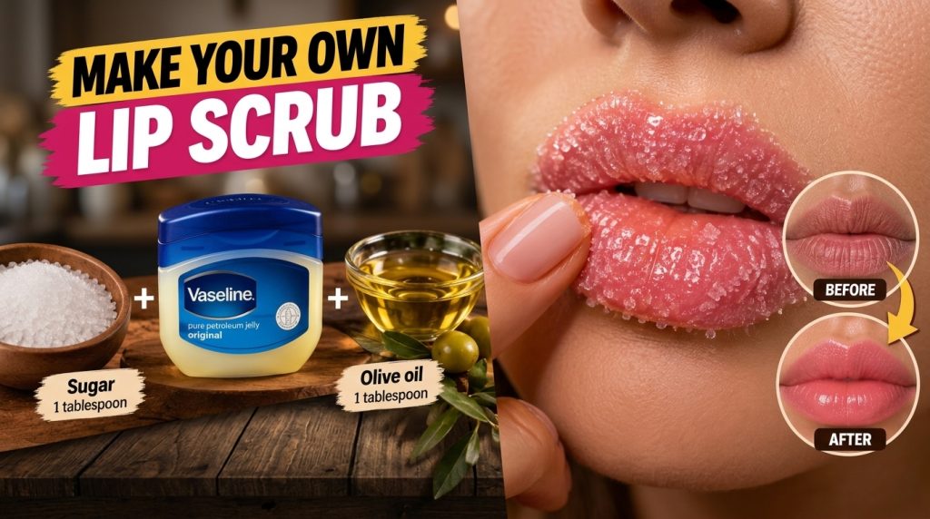 A DIY lip scrub tutorial showing sugar Vaseline and olive oil as ingredients with a BEFORE and AFTER comparison of lips 