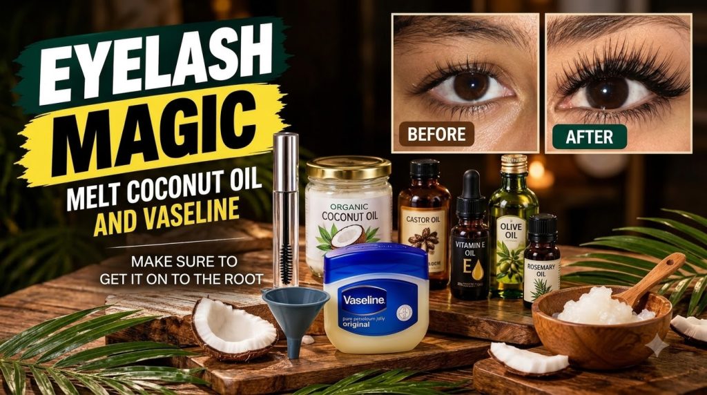 An array of natural ingredients for an eyelash growth remedy including bottles of coconut oil castor oil vitamin E oil o