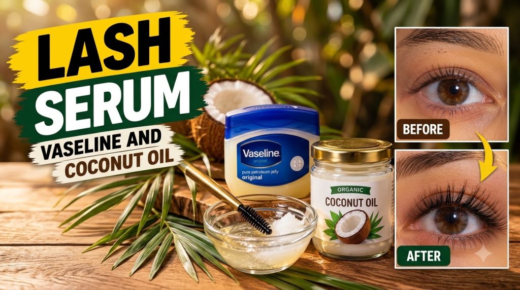 Before and after comparison of an eye with different lash lengths alongside a jar of Vaseline a jar of organic coconut o