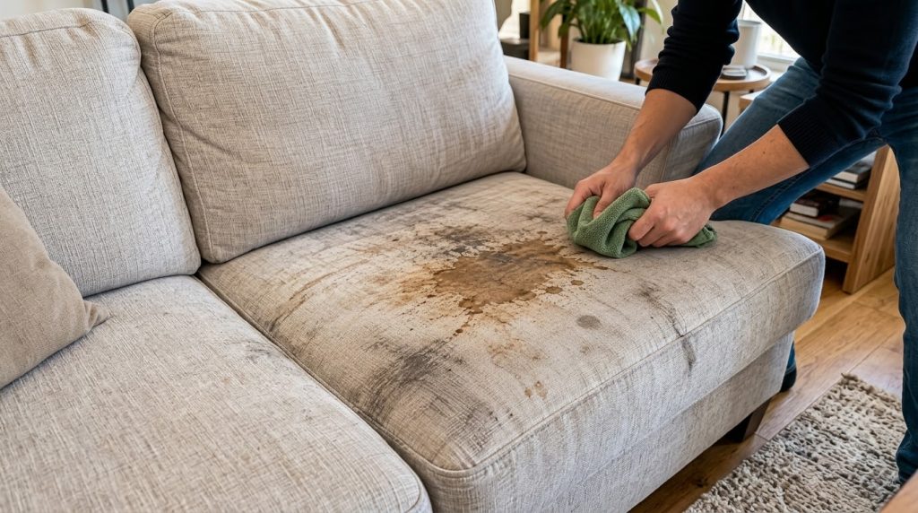 Close-up of a light-colored sofa cushion with a fresh brown liquid spill in the center A person s hands are holding a cr
