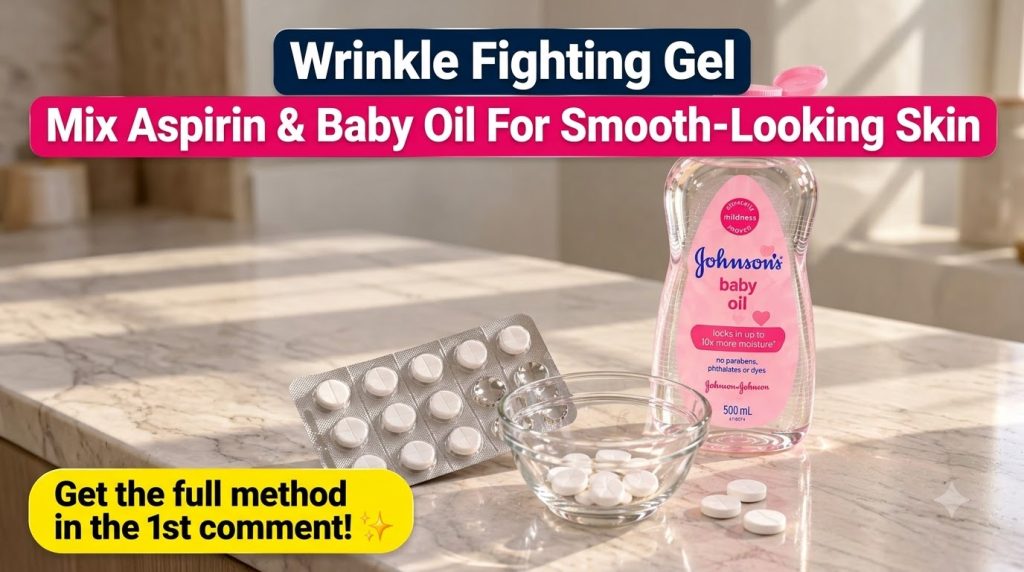 A bottle of baby oil a blister pack of aspirin and a small glass bowl with pills on a light marble counter representing 