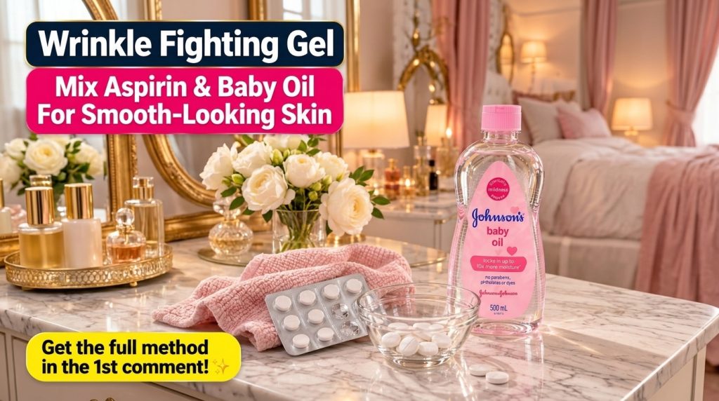 A Johnson s baby oil bottle a glass bowl with white aspirin pills and a blister pack on a marble surface with a pink kni