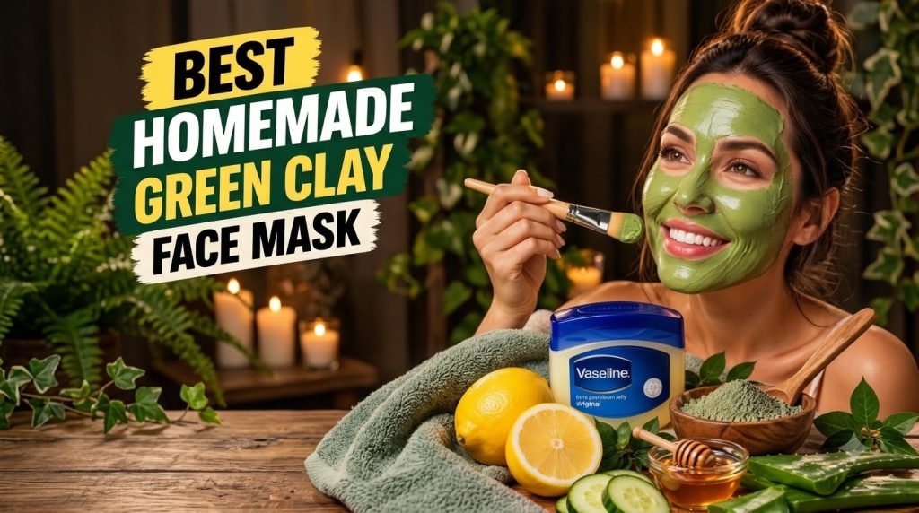 A smiling woman applying a green clay face mask with various natural ingredients like lemons cucumbers honey aloe vera a