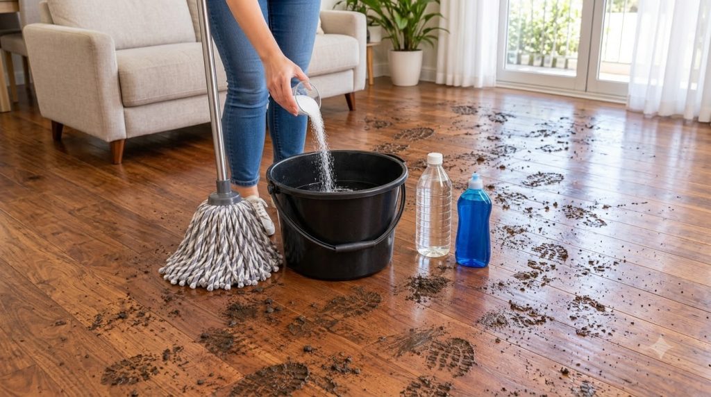 A person s hand pouring white powder salt into a black bucket filled with water A mop and cleaning liquids are nearby on