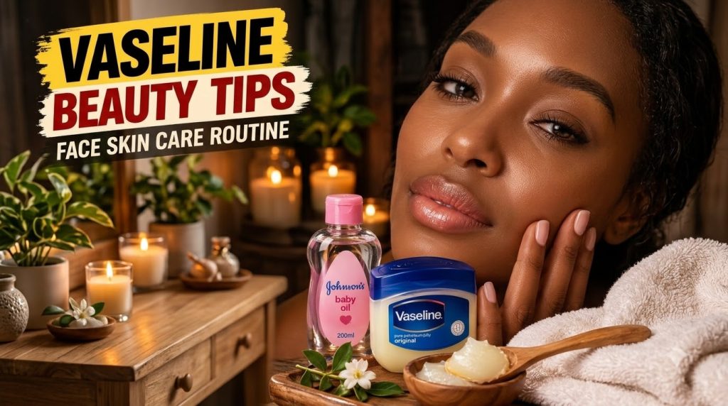 A woman with radiant skin glossy lips and a hand gently touching her cheek In the foreground Vaseline petroleum jelly an