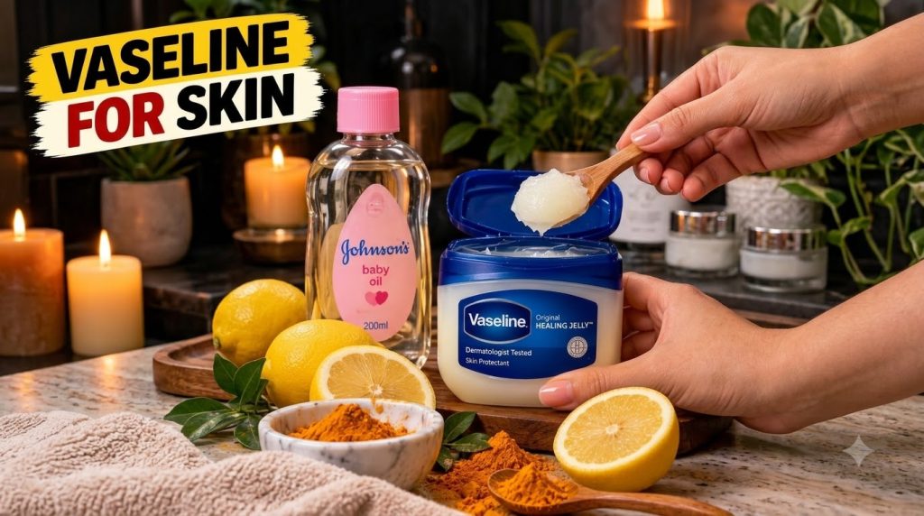 A prominent display of skincare products including Vaseline and baby oil surrounded by natural ingredients like whole an