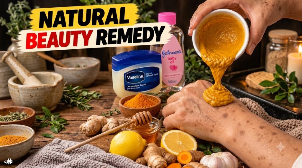 A person s hands applying a thick orange-yellow turmeric paste to their other hand which has dark spots surrounded by tu