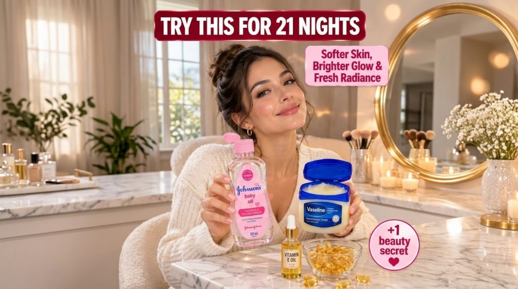 A smiling woman holding Johnson s baby oil and Vaseline Protecting Jelly with Vitamin E oil and capsules displayed below