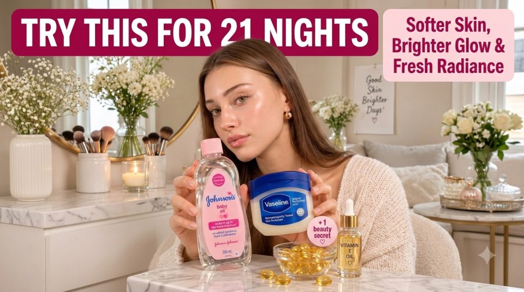 A young woman with radiant skin holding Johnson s Baby Oil and Vaseline In the foreground a bowl of vitamin E capsules a