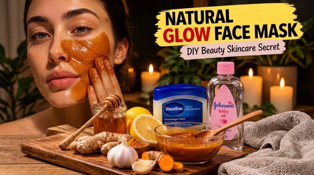 A person with a homemade face mask on their face surrounded by ingredients like honey lemon and turmeric on a table with