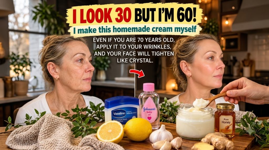 A split comparison of a woman s profile showing a before with wrinkles and an after with smoother skin with various ingr