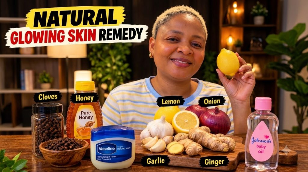 A smiling woman holding a lemon above a table filled with natural ingredients like cloves honey lemons red onions garlic