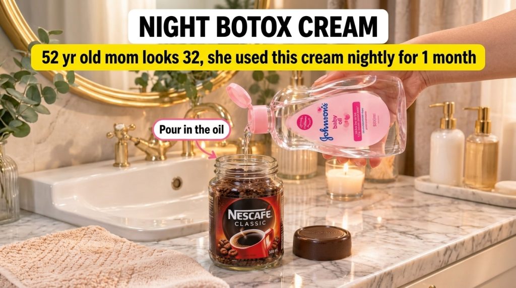 A hand pouring baby oil into a glass jar filled with coffee granules on a marble countertop with a golden faucet and a l