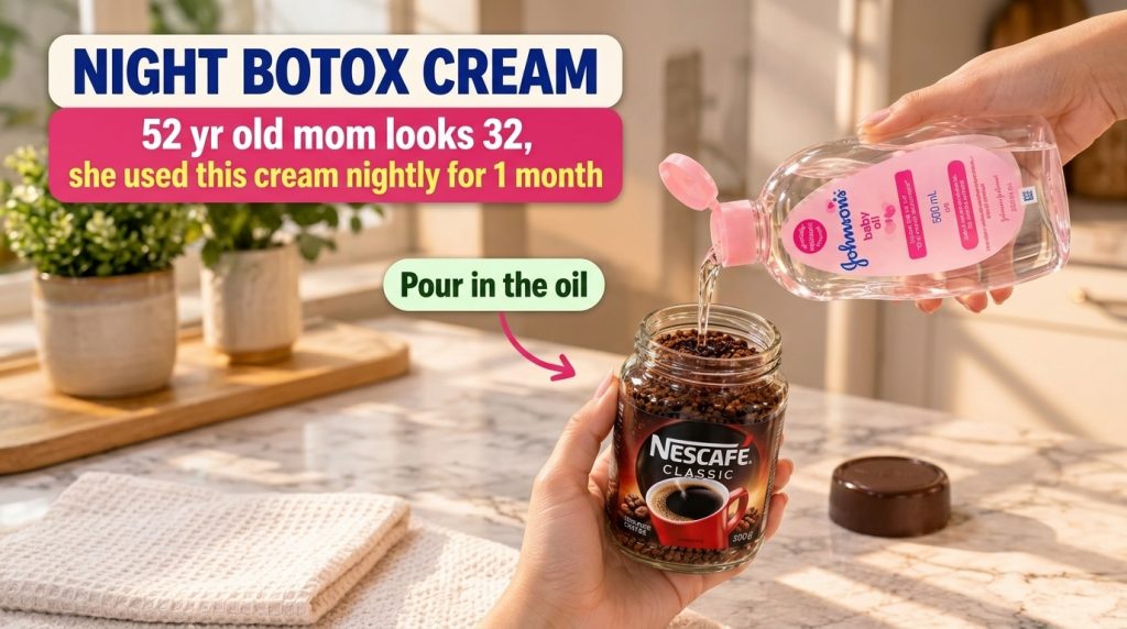 Hands mixing instant coffee granules with baby oil in a jar under warm natural light