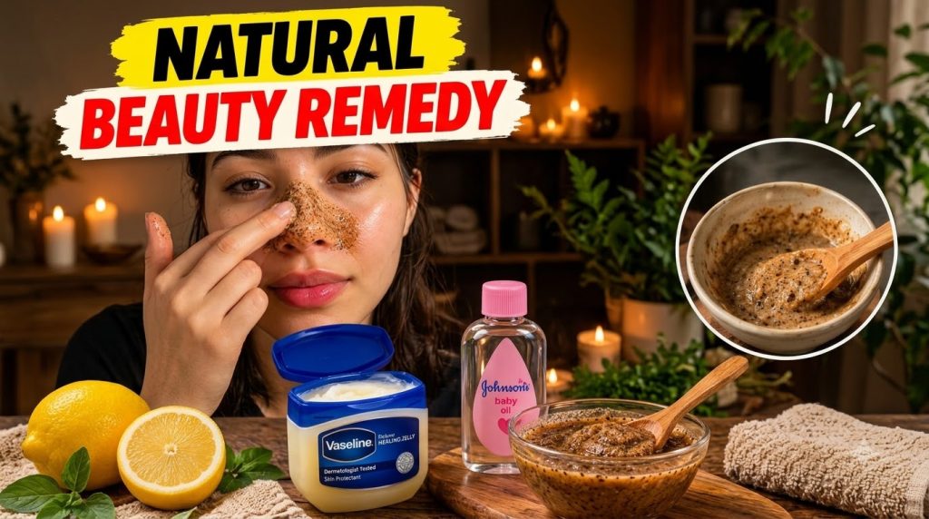 A woman gently applying a homemade scrub to her face with ingredients like sliced lemons a tub of Vaseline and a bottle 